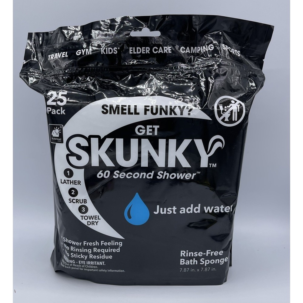 Skunky No‎ Rinse Bathing Wipes, Cleans Without a Shower Great 25 Count New NIP